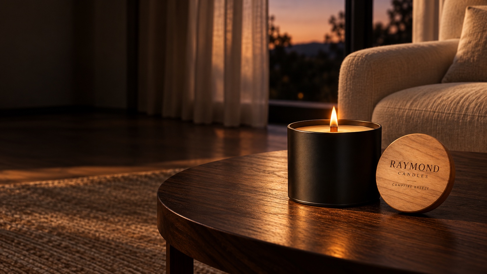 Raymond Candles branded concept: Campfire Breeze in a black metal vessel with cedar wick and engraved honey-colored wooden lid