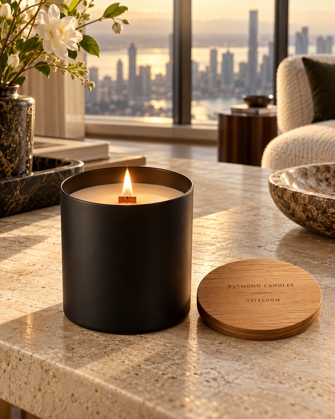 Heirloom candle in a plain black jar beside its engraved wooden lid