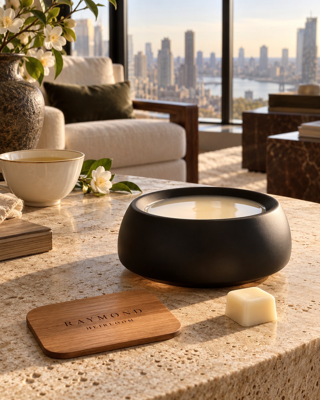 Heirloom white tea scent atmosphere in an elegant penthouse