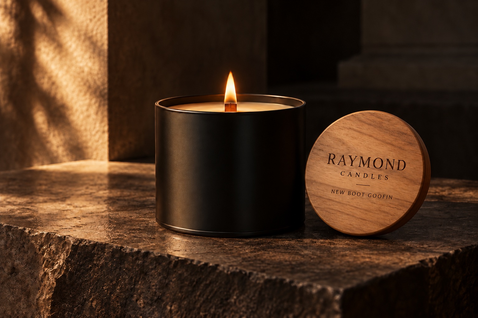 Raymond Candles New Boot Goofin with scent engraved wooden lid