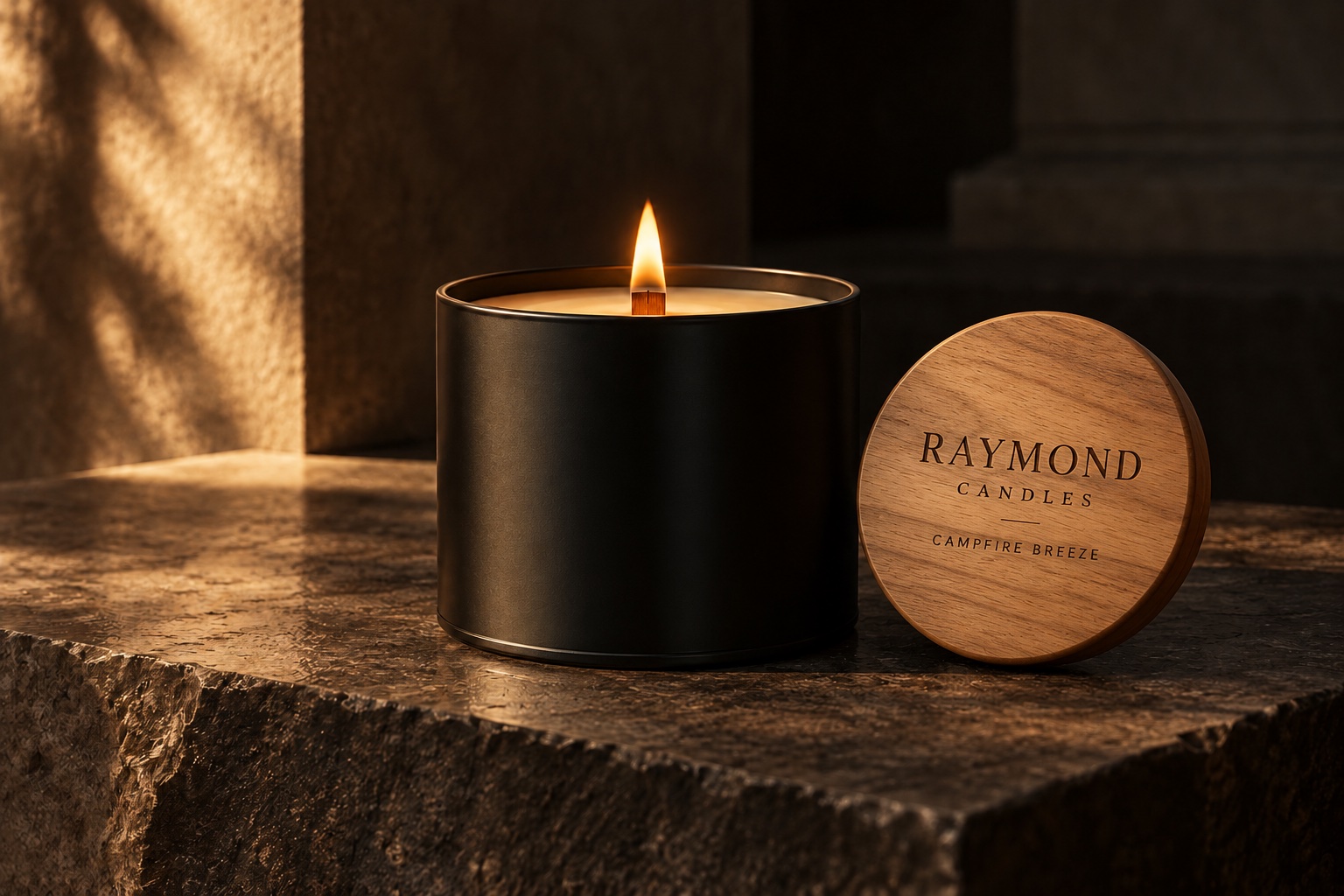 Raymond Candles Campfire Breeze with scent engraved wooden lid